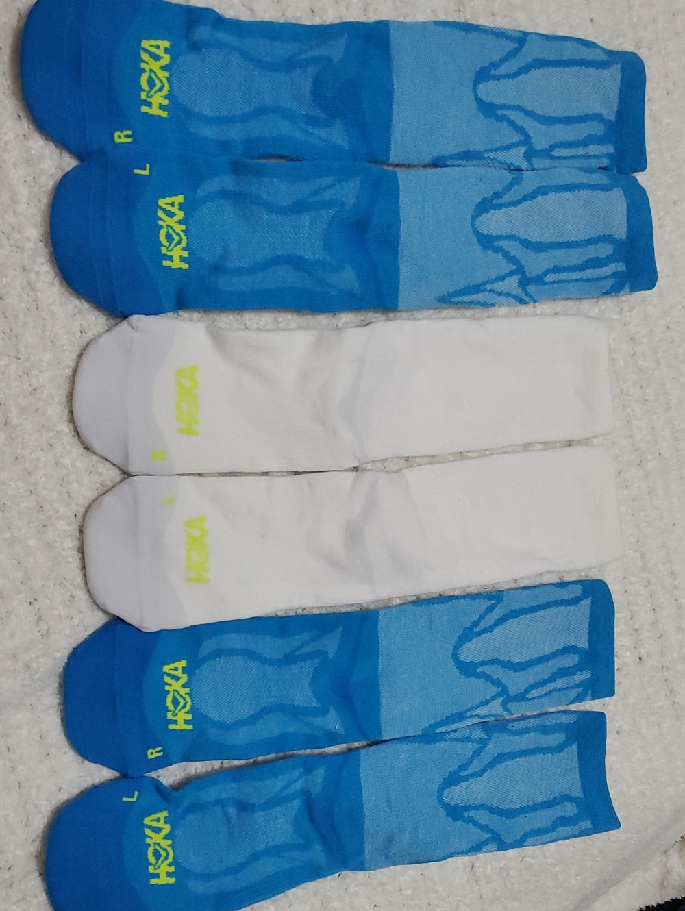 Hoka Unisex Athletic Crew Socks in Blue & White with Neon Logo